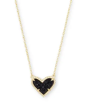 Ari Heart Gold Short Pendant in Black Drusy