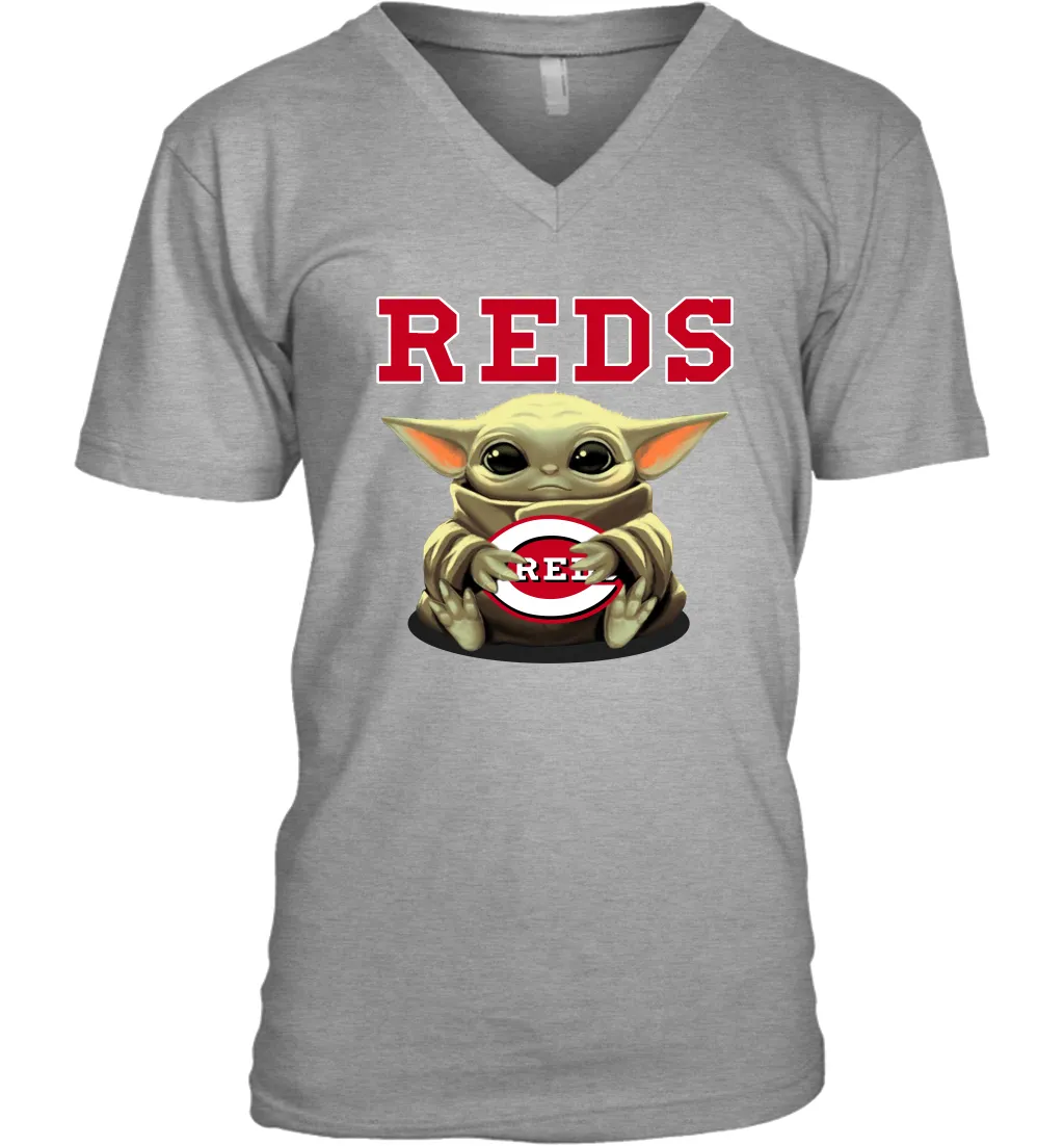 Baby Yoda Hugs Loves The Cincinnati Reds Baseball Mens V-Neck T-Shirt