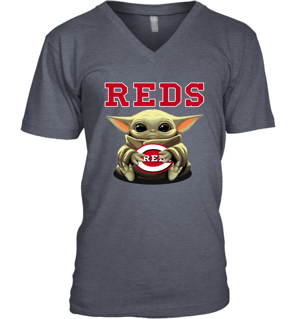 Baby Yoda Hugs Loves The Cincinnati Reds Baseball Mens V-Neck T-Shirt