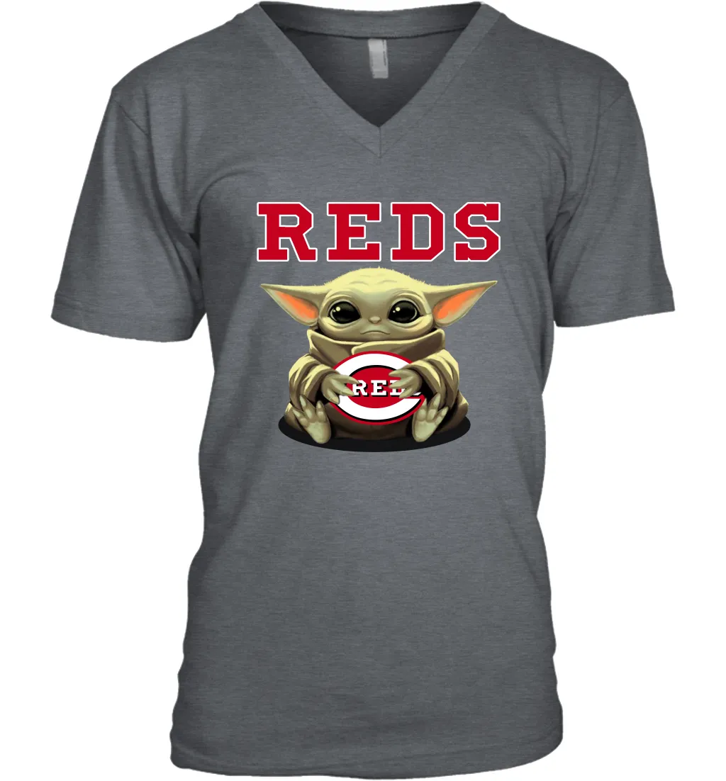 Baby Yoda Hugs Loves The Cincinnati Reds Baseball Mens V-Neck T-Shirt