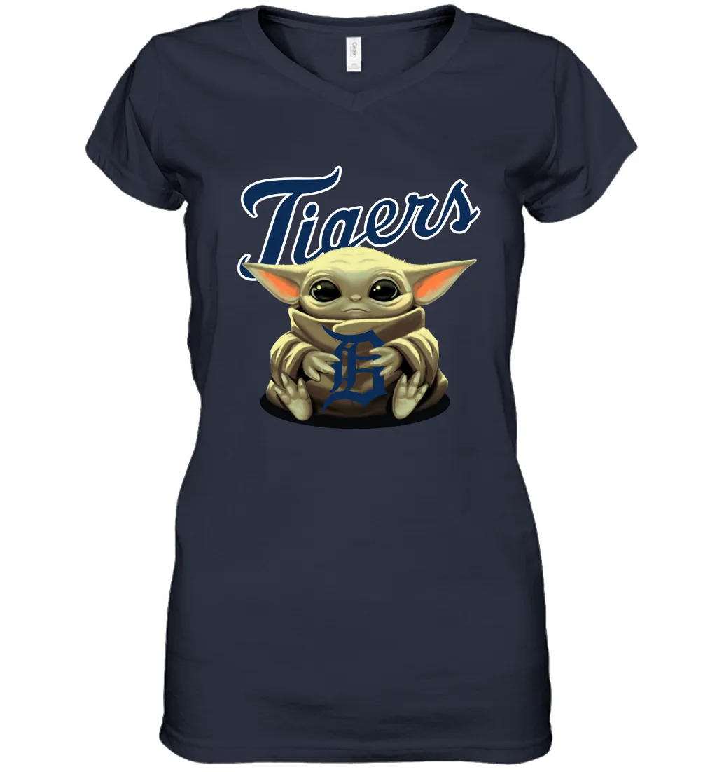 Baby Yoda Hugs Loves The Detroit Tigers Baseball Womens V-Neck T-Shirt