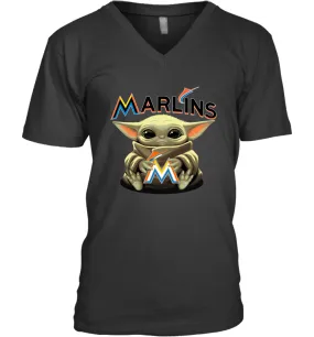 Baby Yoda Hugs Loves The Miami Marlins Baseball Mens V-Neck T-Shirt