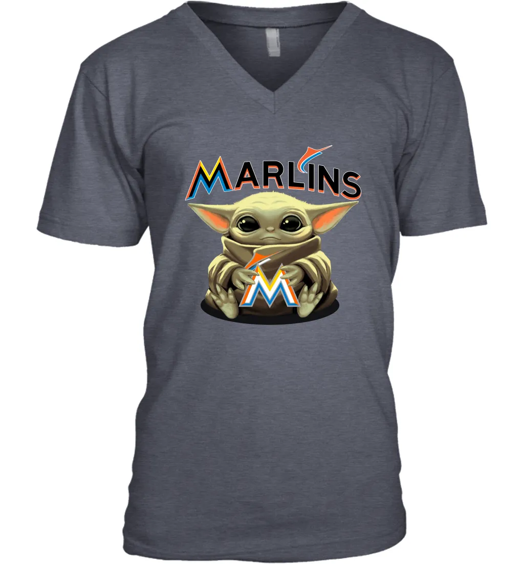 Baby Yoda Hugs Loves The Miami Marlins Baseball Mens V-Neck T-Shirt