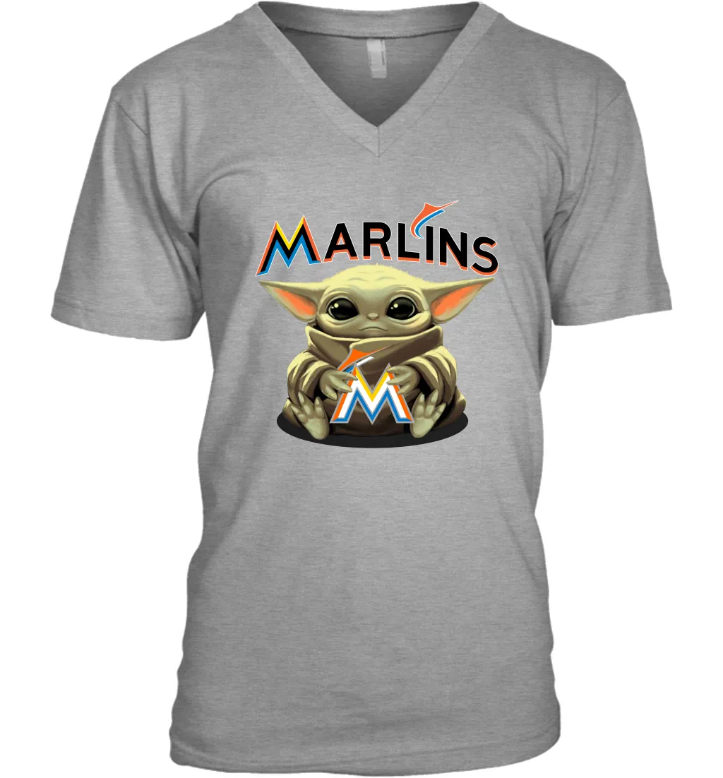 Baby Yoda Hugs Loves The Miami Marlins Baseball Mens V-Neck T-Shirt