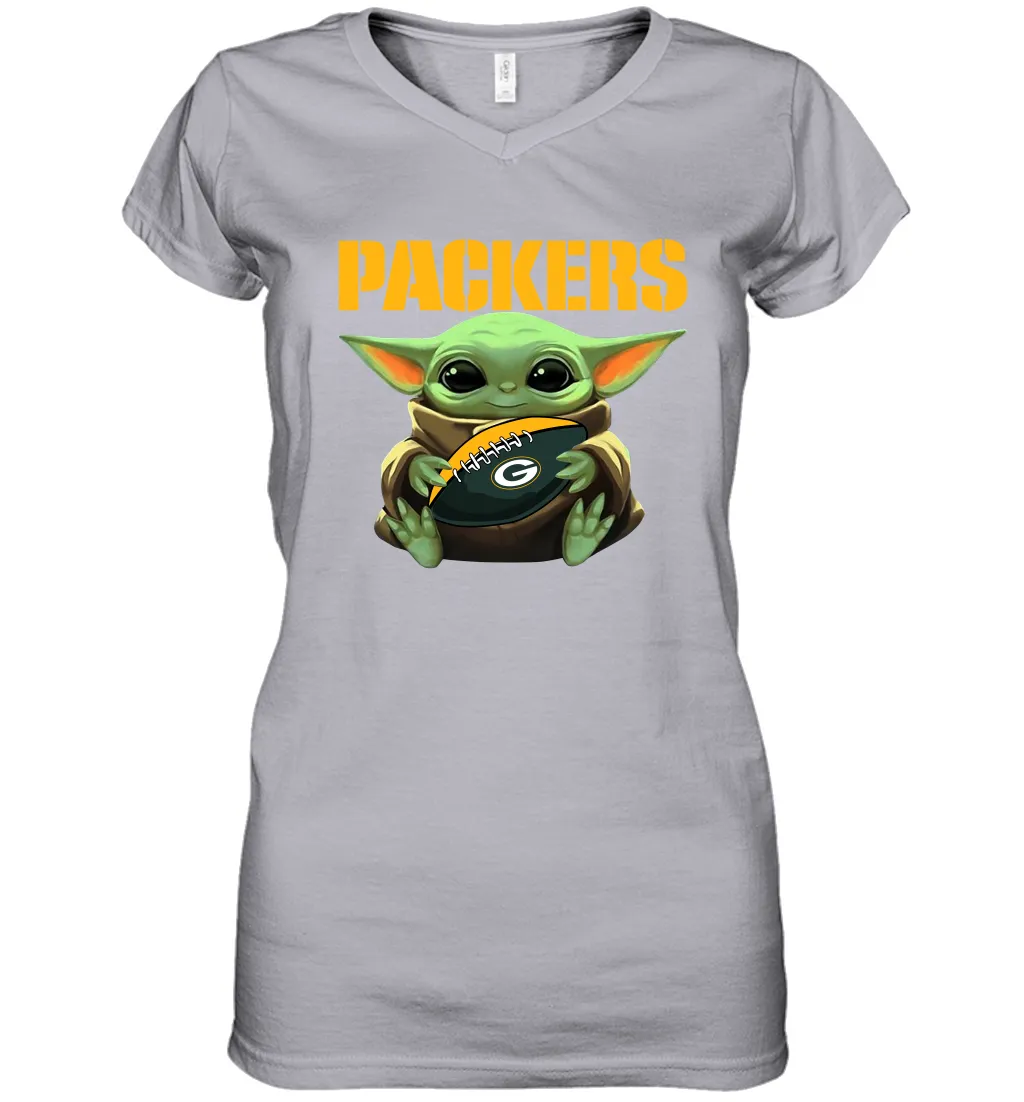 Baby Yoda Loves The Green Bay Packers Star Wars Baby Yoda Hugs Packers NFL Womens V-Neck T-Shirt