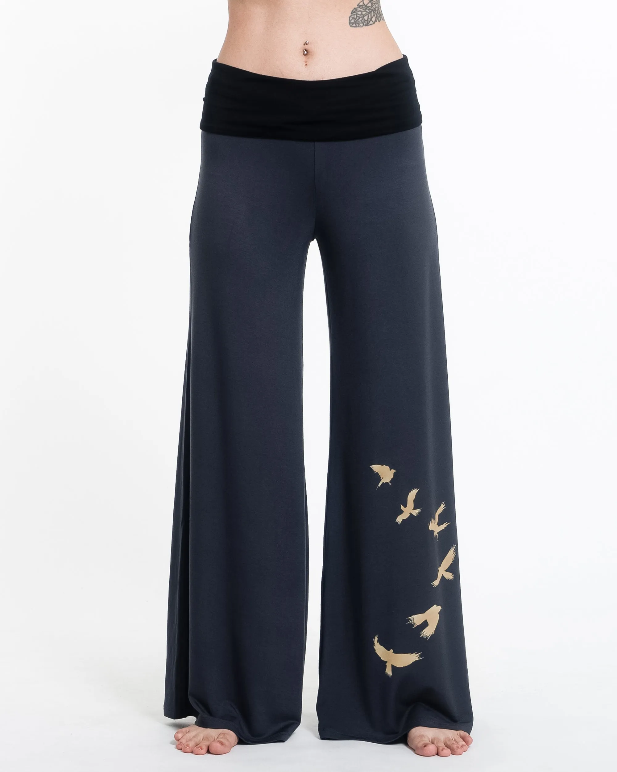 Birds Print Wide Leg Palazzo Harem Pants Cotton Spandex in Gray