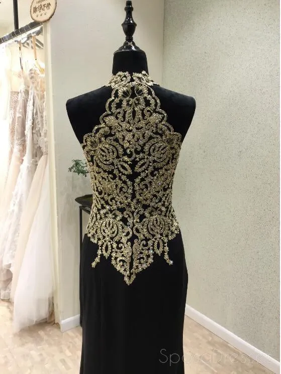 Black Halter Mermaid Gold Lace Beaded Evening Prom Dresses, Popular Black Party Prom Dresses, Custom Long Prom Dresses, Cheap Formal Prom Dresses, 17173