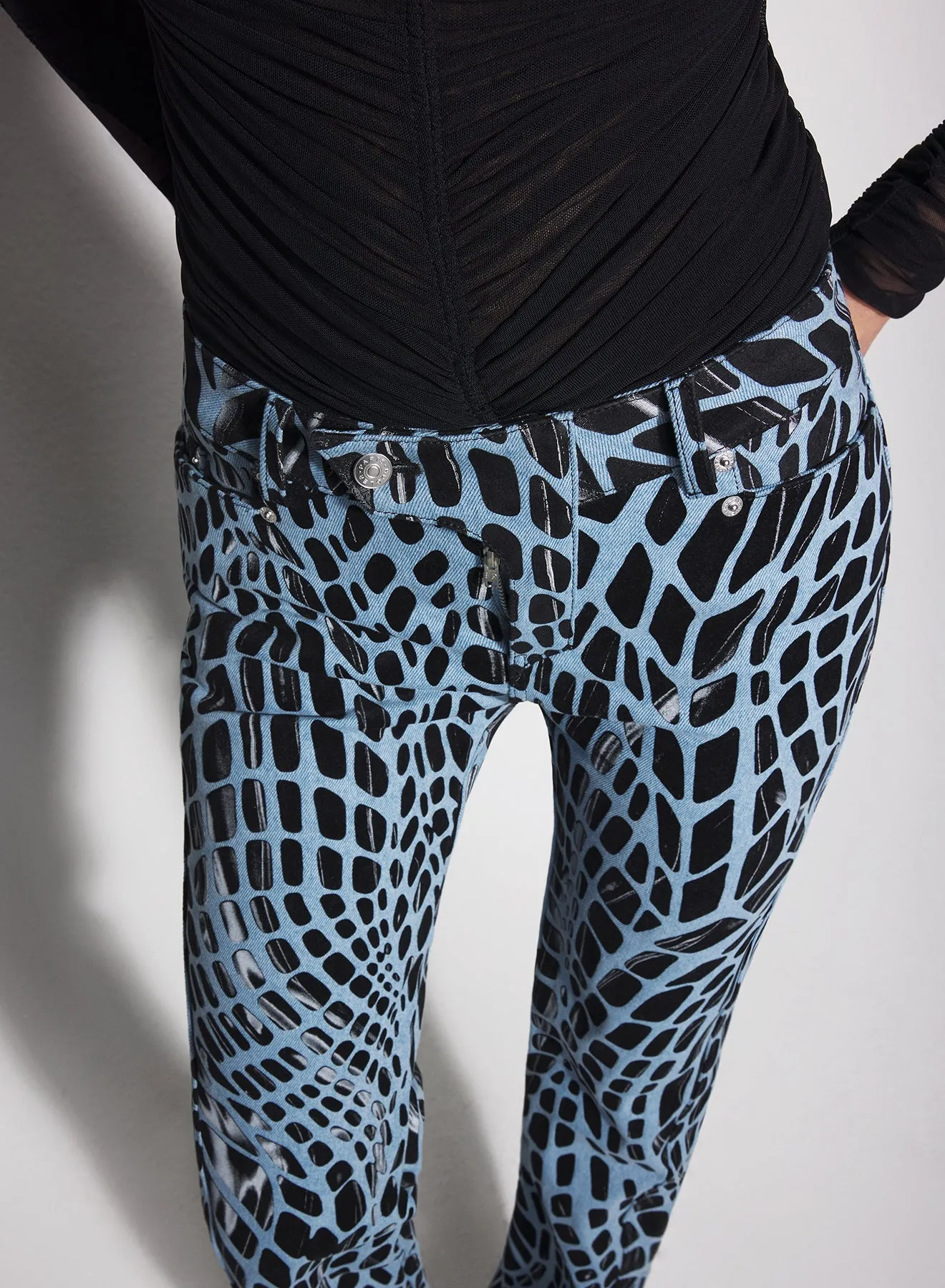 black velvet print straight leg jeans