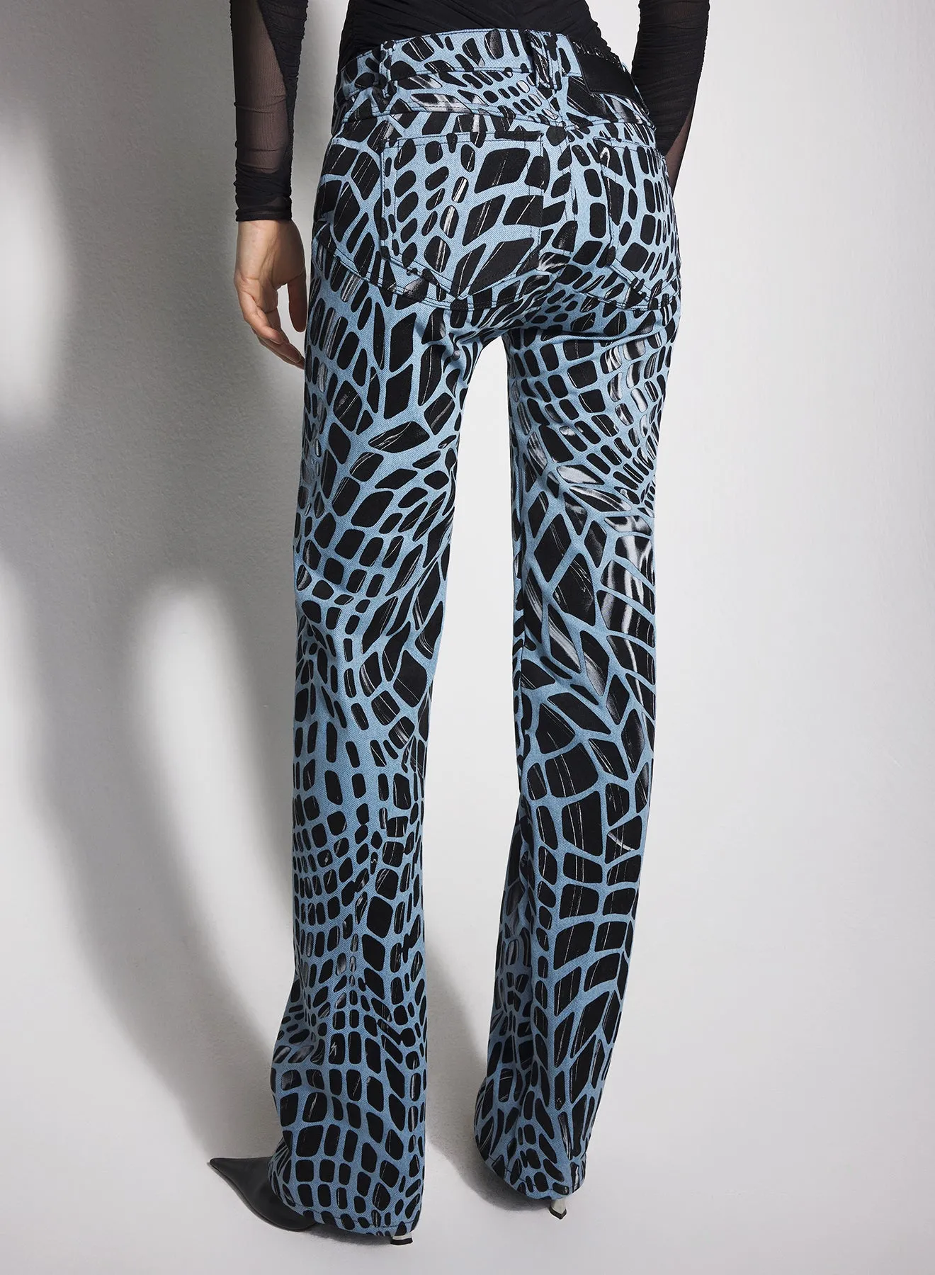 black velvet print straight leg jeans