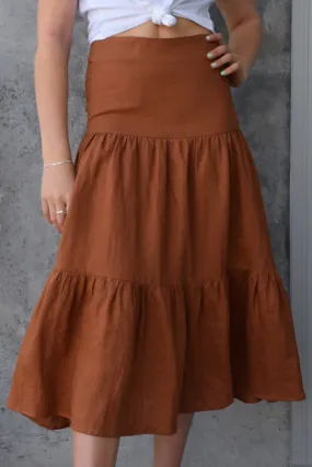 Blazing Nutmeg Tiered Linen Midi Skirt