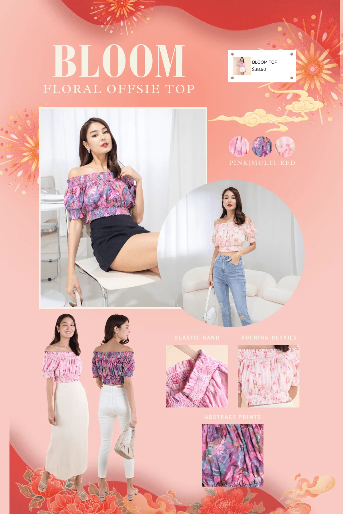 BLOOM FLORAL OFFSIE TOP IN PINK