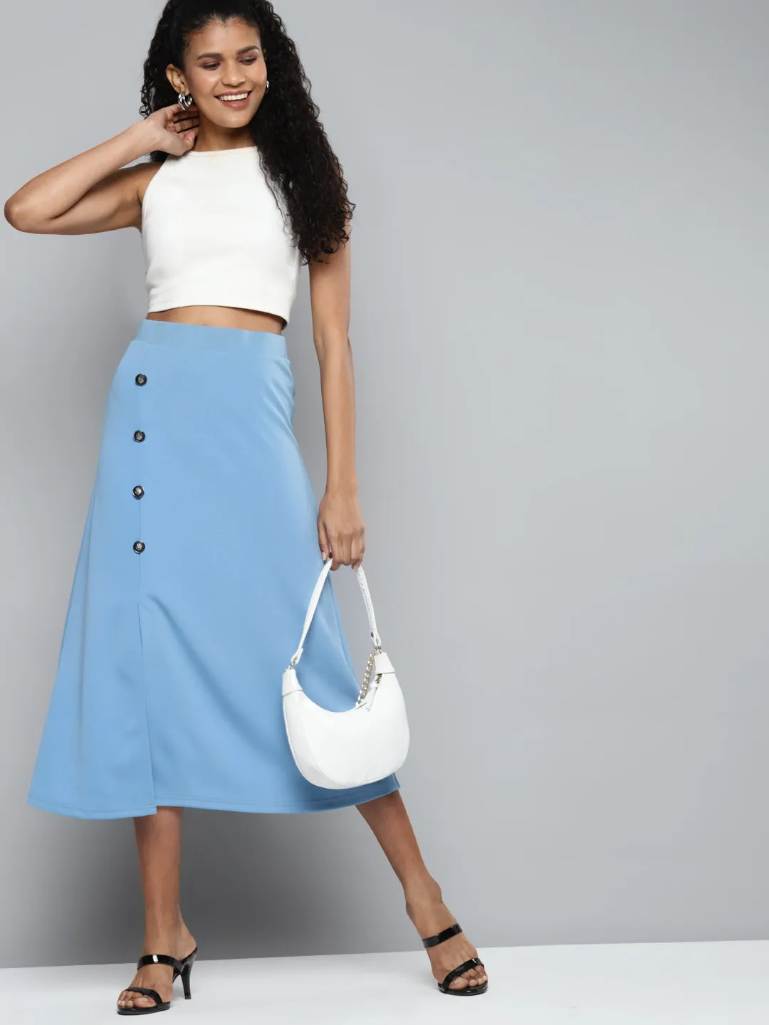 Blue Scuba Front Slit Flared Midi Skirt