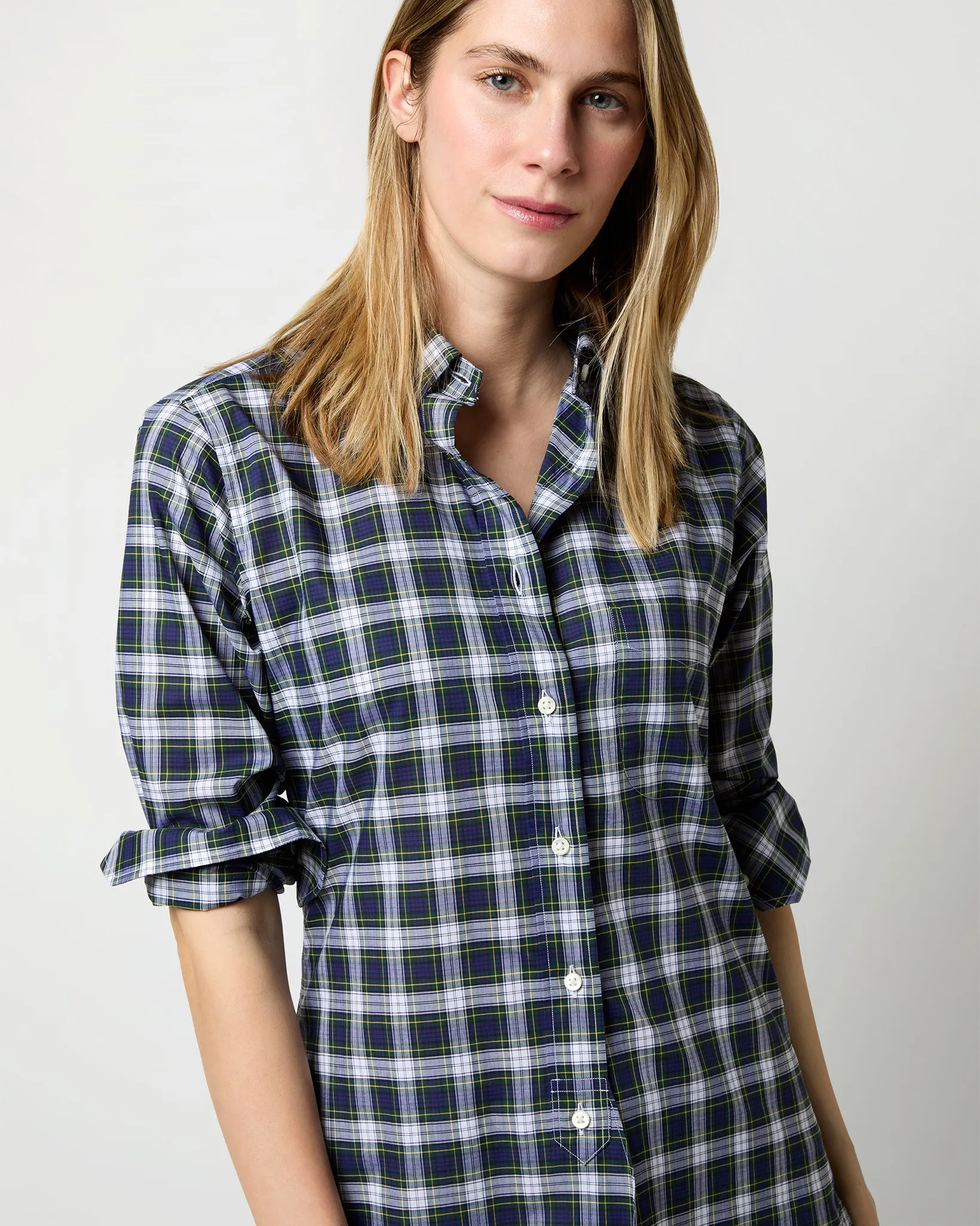 Boyfriend Shirt in Navy/Green Gordon Tartan Poplin