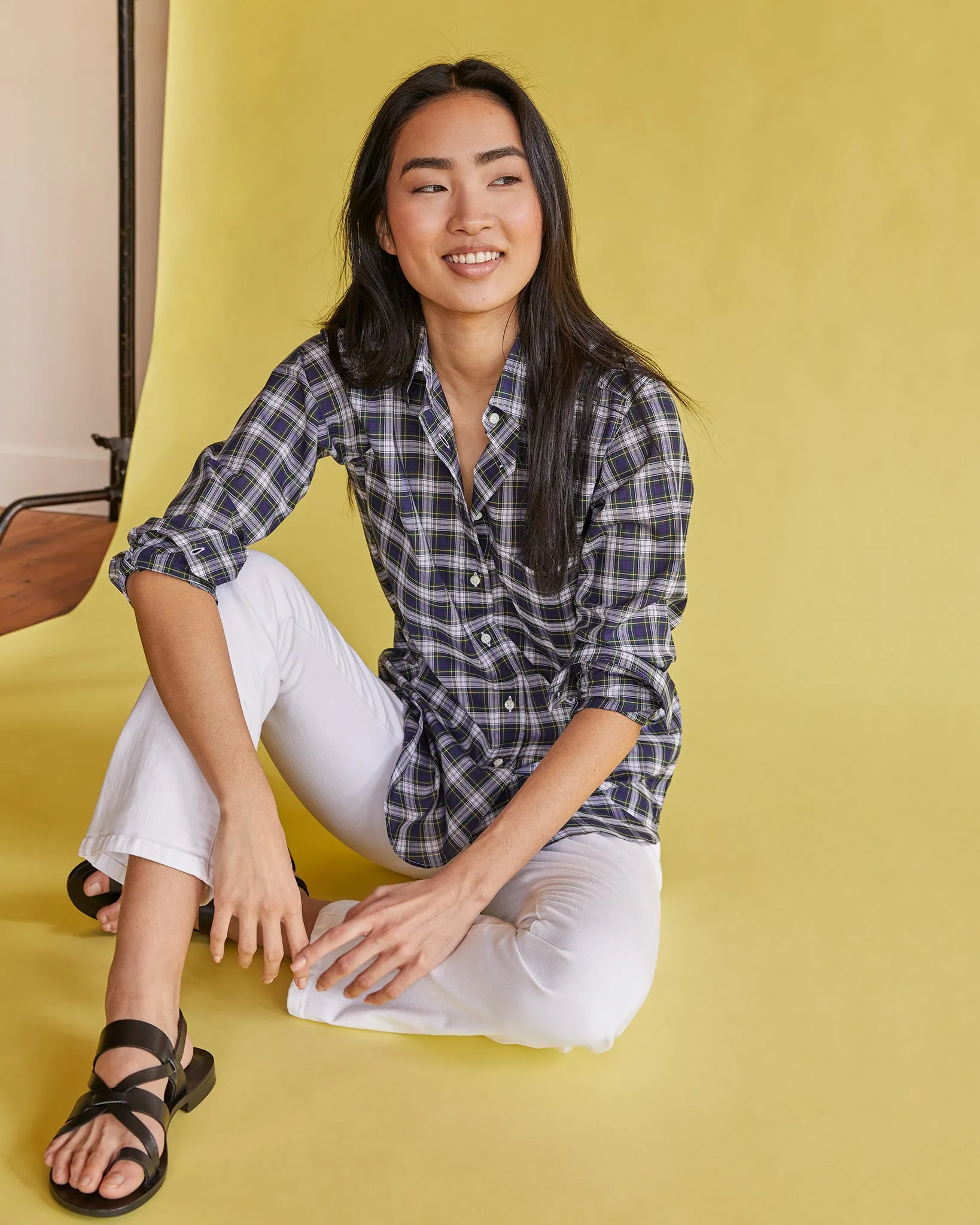 Boyfriend Shirt in Navy/Green Gordon Tartan Poplin