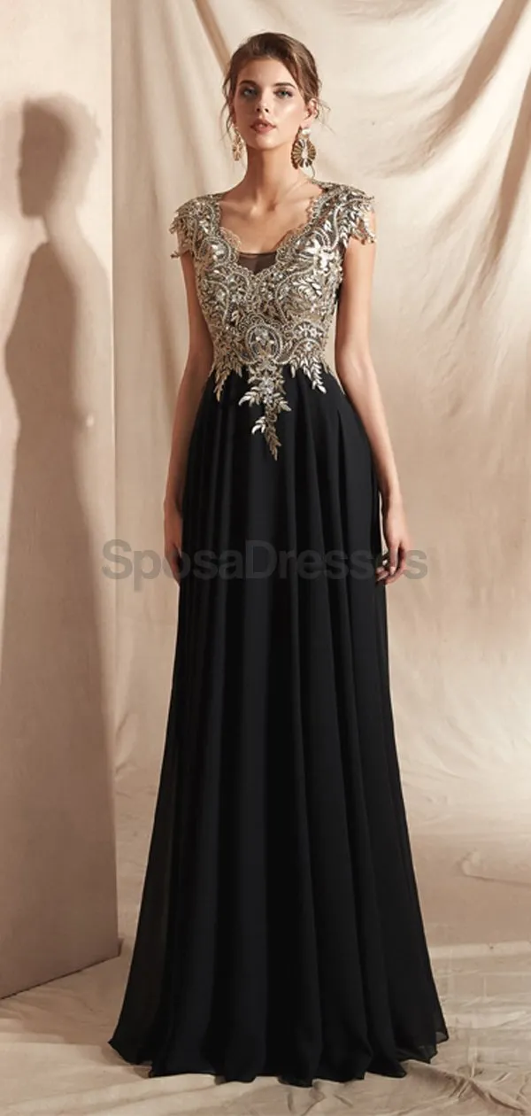 Cap Sleeves Applique Chiffon Evening Prom Dresses, Evening Party Prom Dresses, 12068