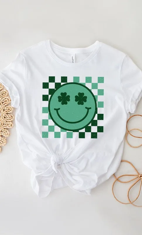 Checkered Clover Smiley St Patricks Graphic Tee