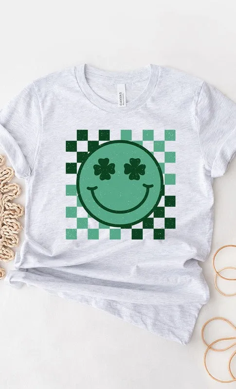 Checkered Clover Smiley St Patricks Graphic Tee