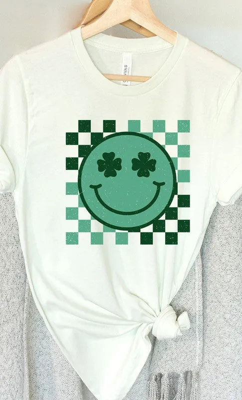 Checkered Clover Smiley St Patricks Graphic Tee