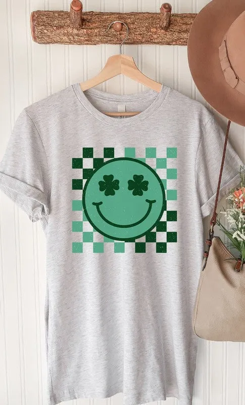 Checkered Clover Smiley St Patricks Graphic Tee