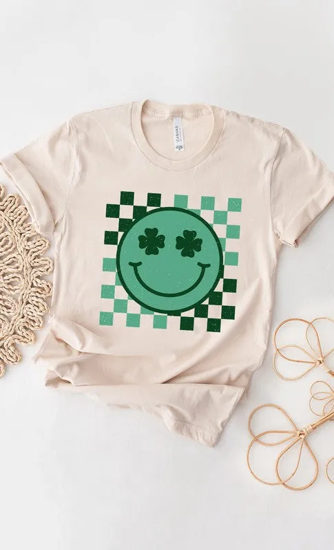 Checkered Clover Smiley St Patricks Graphic Tee