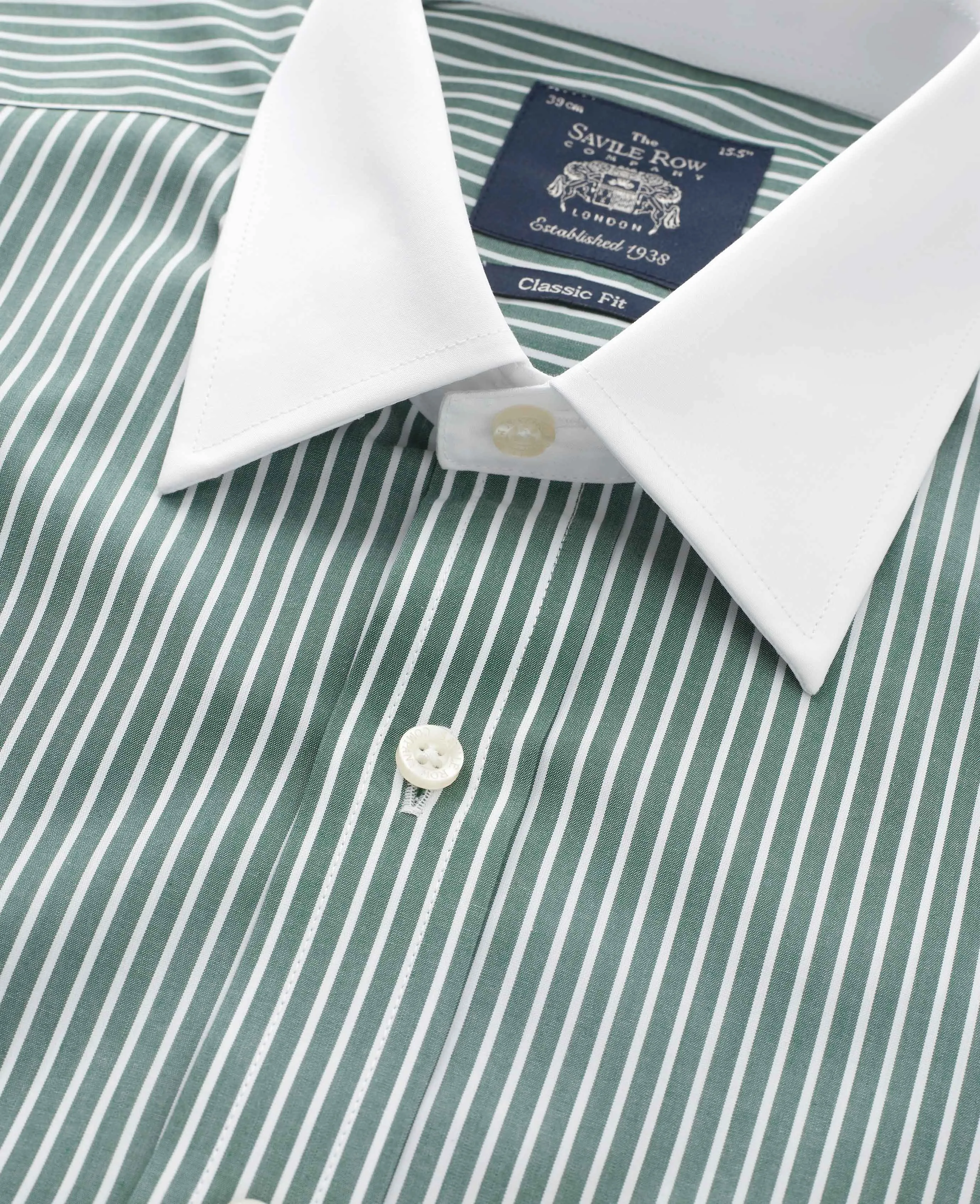 Dark Green Reverse Stripe Classic Fit Shirt With White Collar & Cuffs