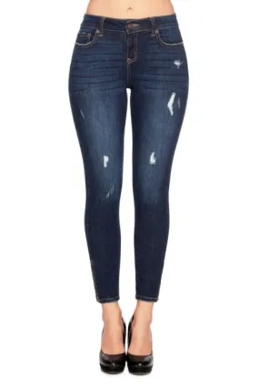 Distressed Super Soft Moto Skinny Jeans with Side Zipper - 1