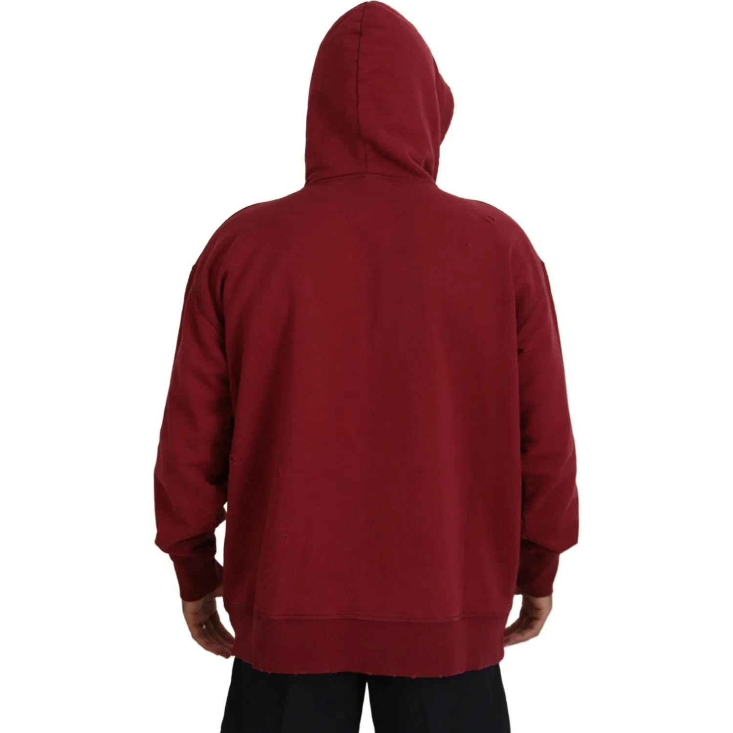 Dsquared² Maroon Cotton Tattered Hooded Printed Pullover Sweater