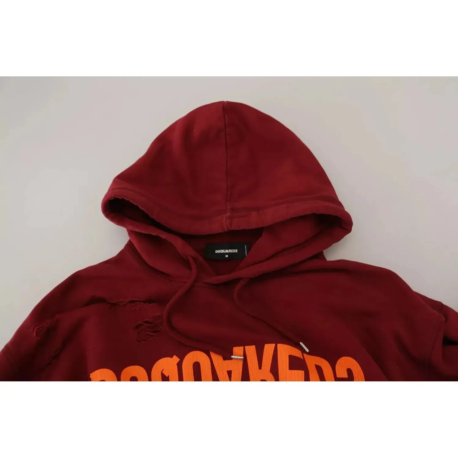 Dsquared² Maroon Cotton Tattered Hooded Printed Pullover Sweater