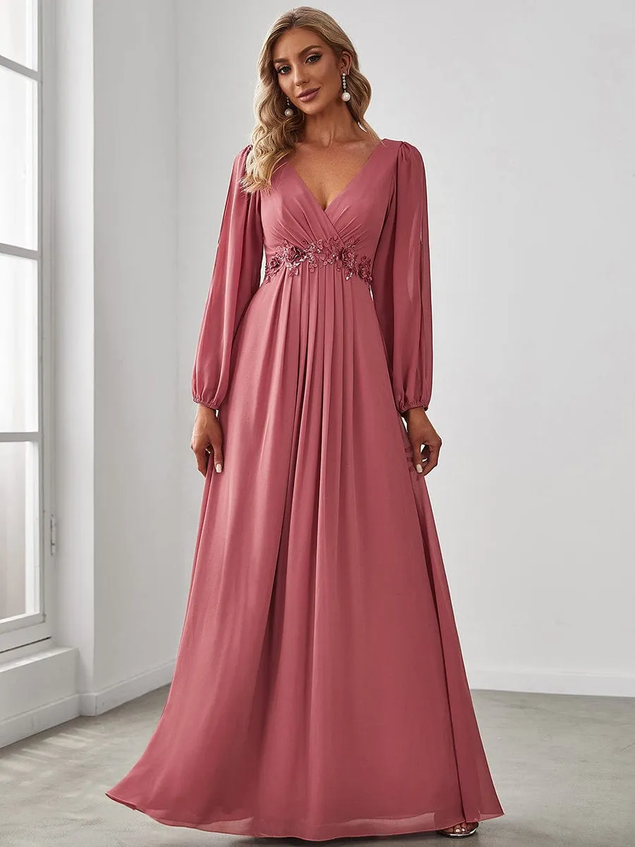 Elegant Chiffon V-Neckline Long Sleeve Formal Evening Dress