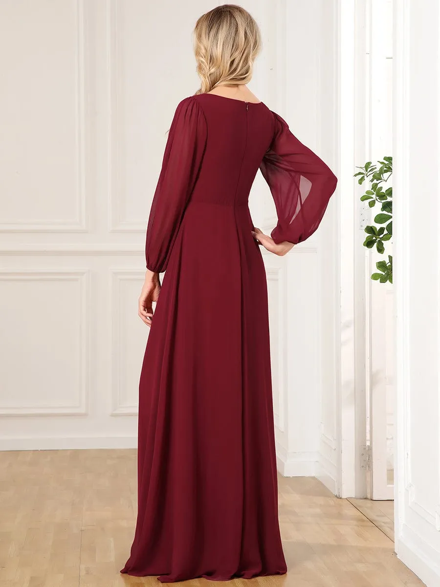 Elegant Chiffon V-Neckline Long Sleeve Formal Evening Dress