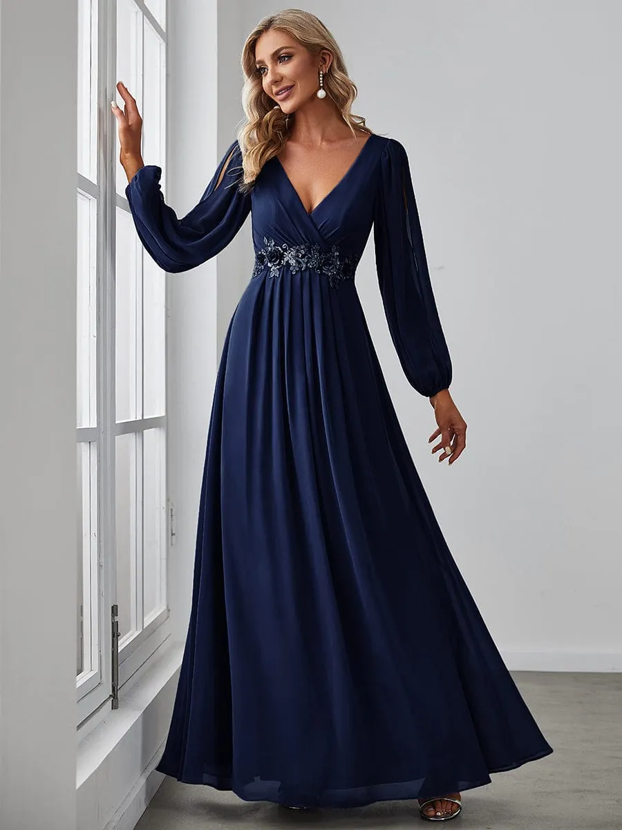 Elegant Chiffon V-Neckline Long Sleeve Formal Evening Dress