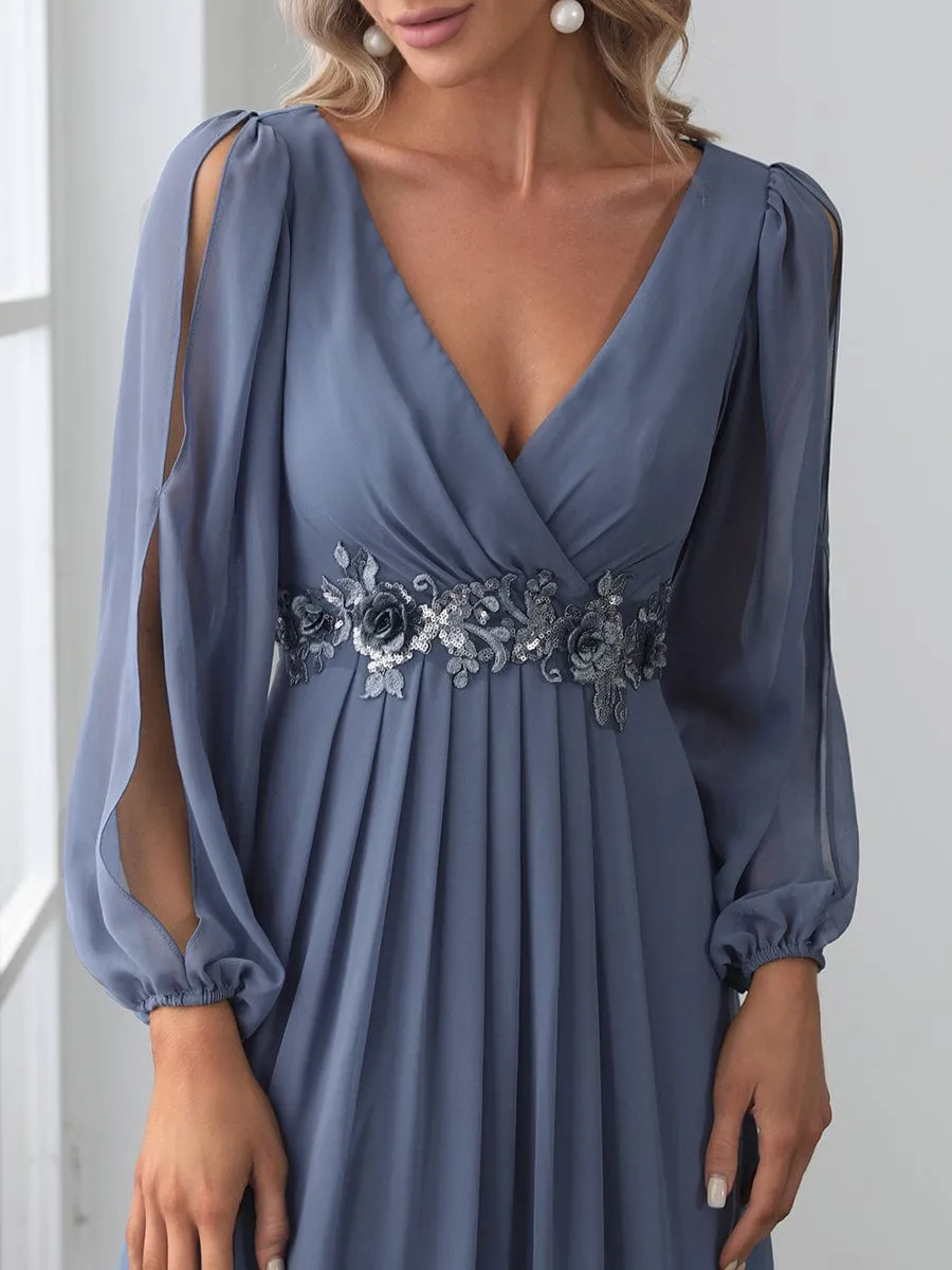 Elegant Chiffon V-Neckline Long Sleeve Formal Evening Dress