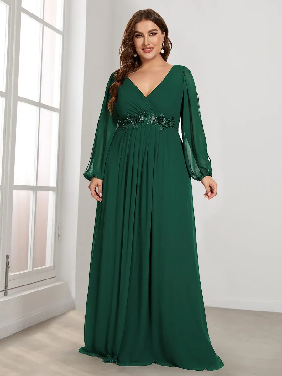 Elegant Chiffon V-Neckline Long Sleeve Formal Evening Dress