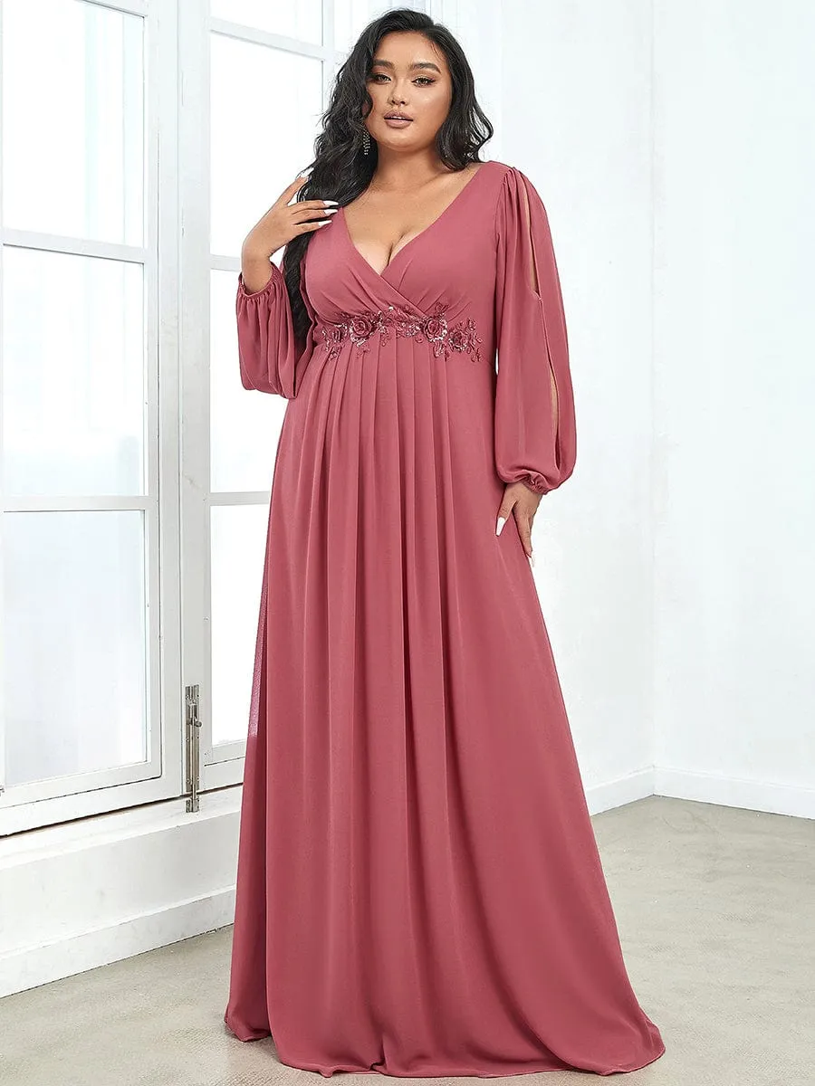 Elegant Chiffon V-Neckline Long Sleeve Formal Evening Dress