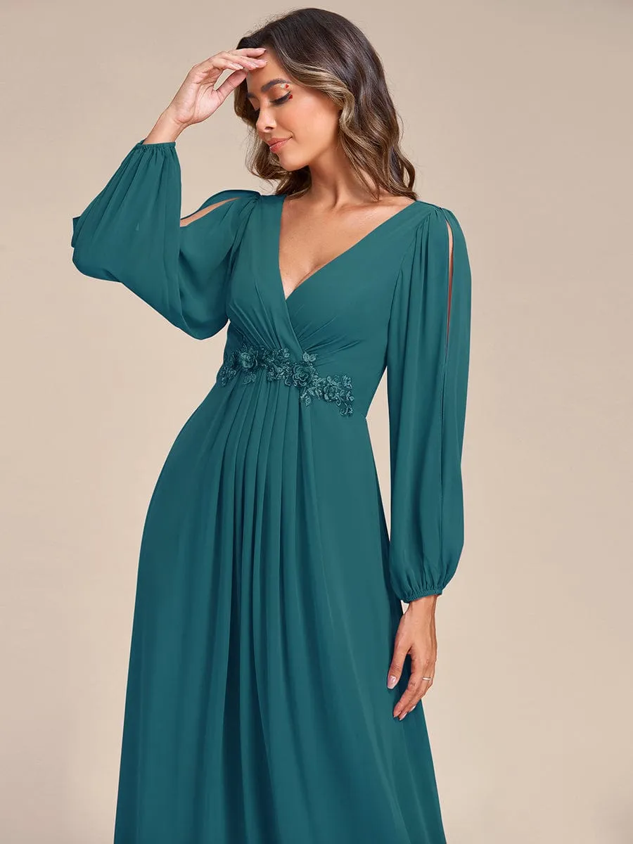 Elegant Chiffon V-Neckline Long Sleeve Formal Evening Dress