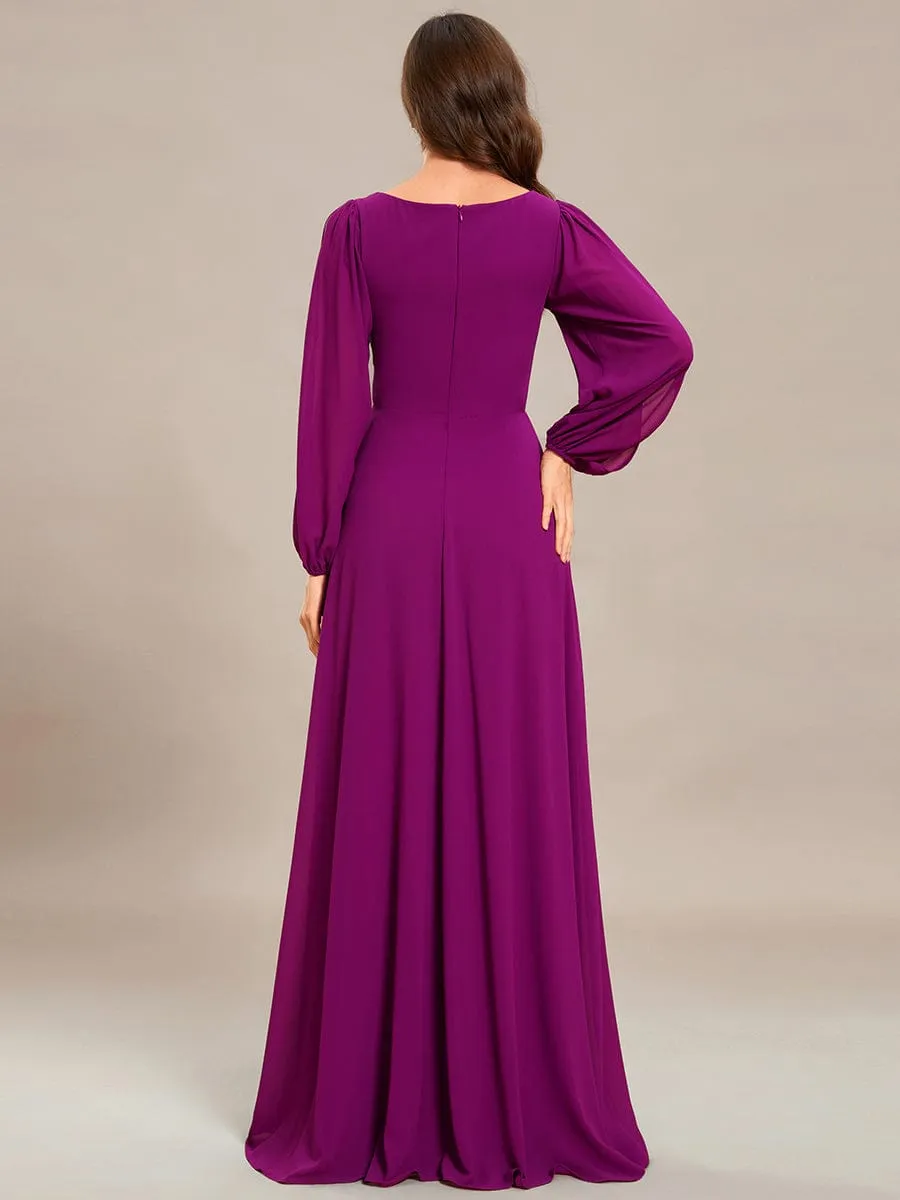 Elegant Chiffon V-Neckline Long Sleeve Formal Evening Dress