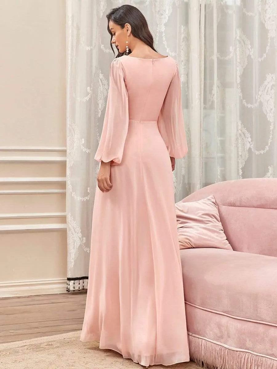 Elegant Chiffon V-Neckline Long Sleeve Formal Evening Dress