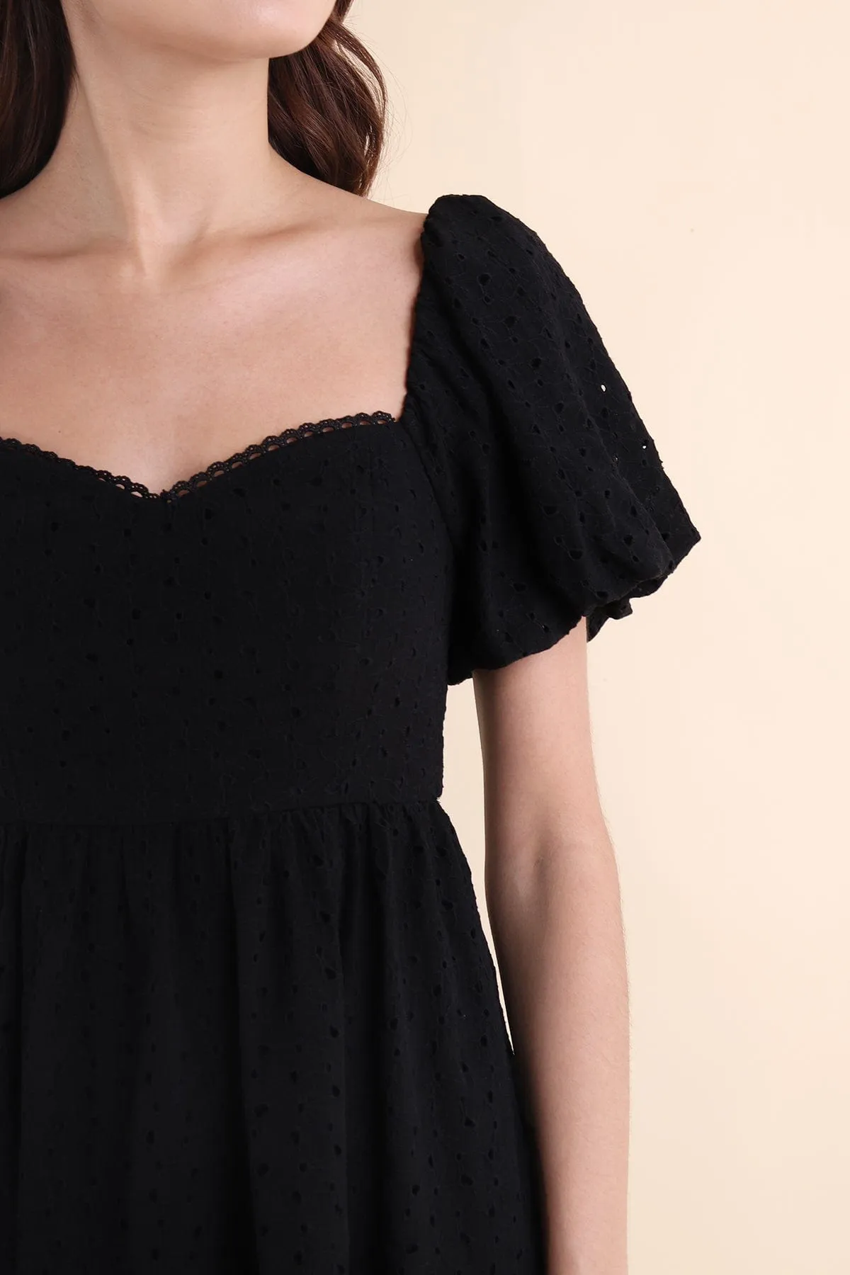 EMBER PUFF SLEEVES EYELET DRESS IN BLACK