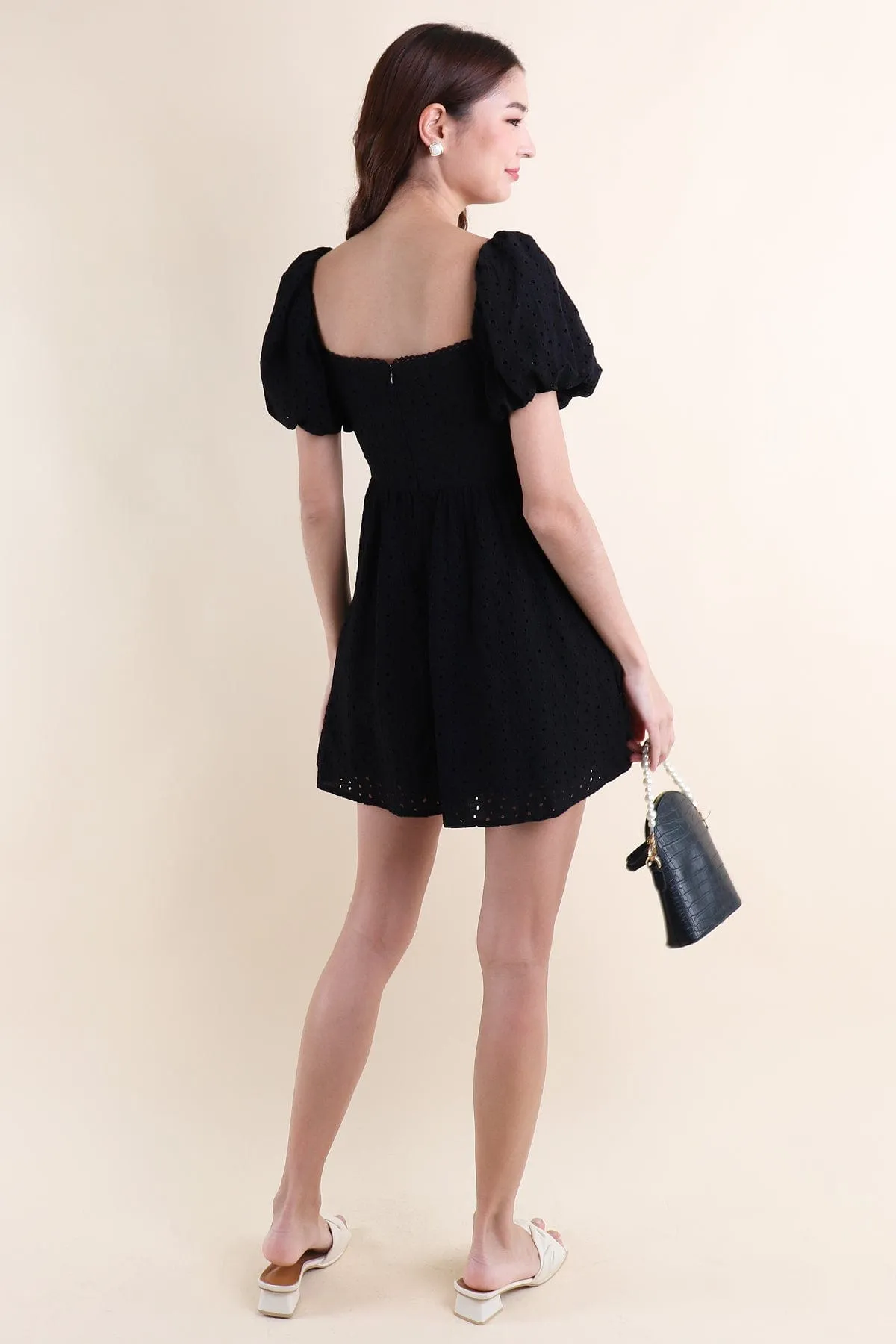 EMBER PUFF SLEEVES EYELET DRESS IN BLACK