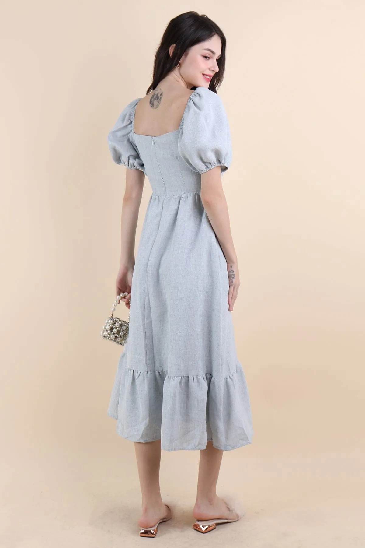 ESTELLE PUFF SLEEVE WRAPPED MIDAXI IN BLUE