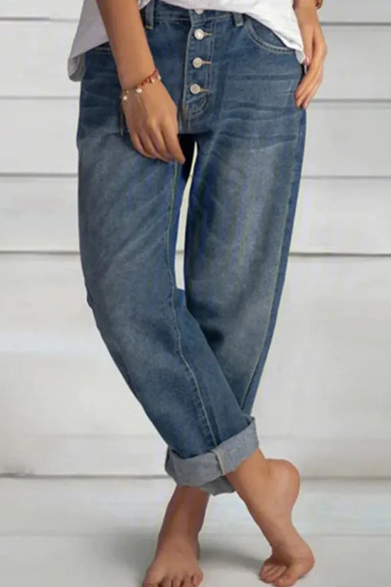 Fashion Street Solid Mid Waist Straight Denim