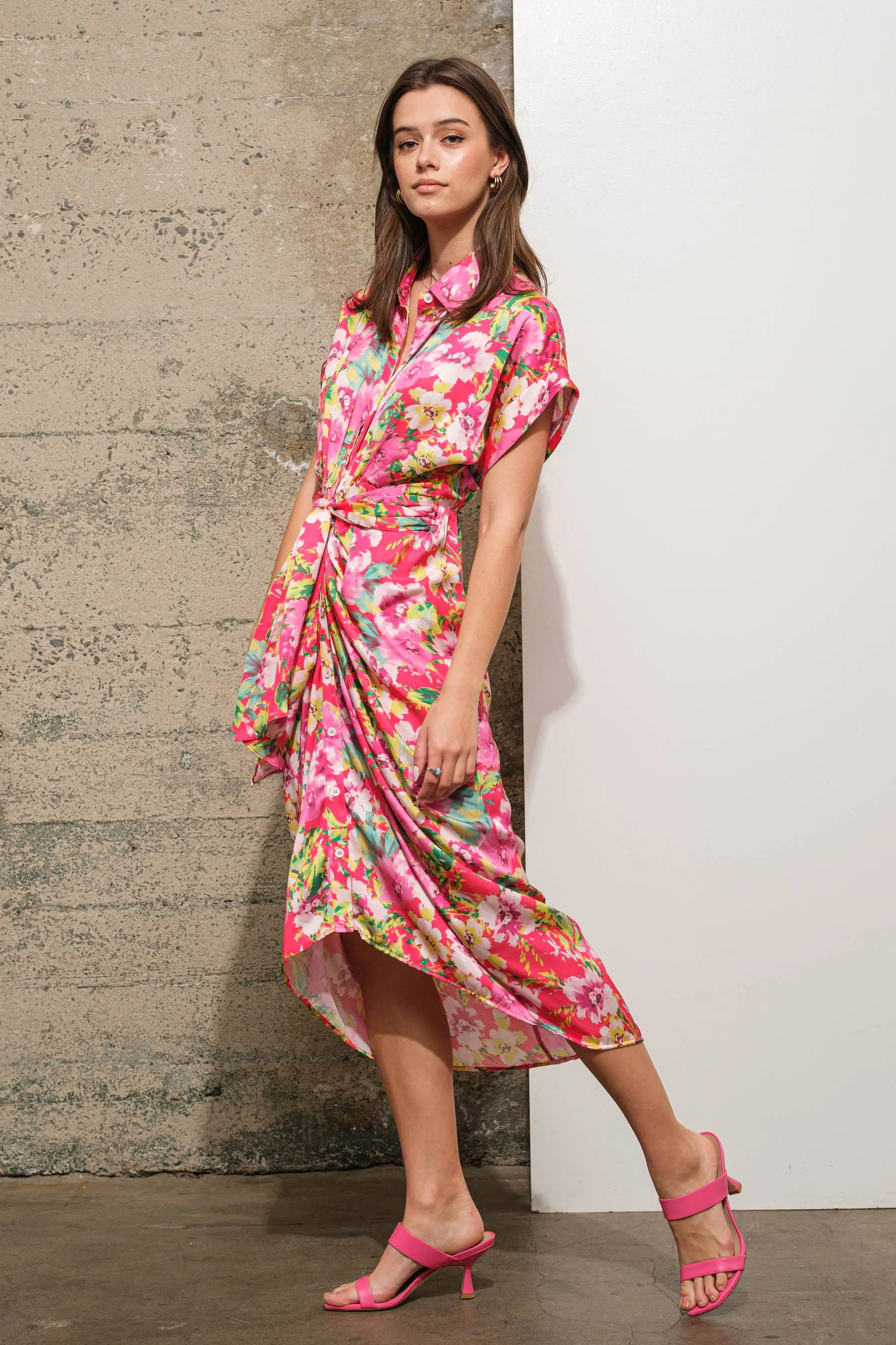 Floral Print Ruched Tie Front Satin Shift Dress