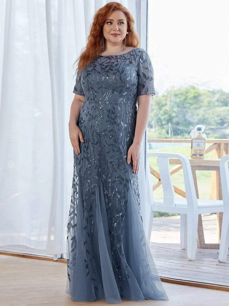 Floral Sequin Print Plus Size Mermaid Tulle Evening Dress