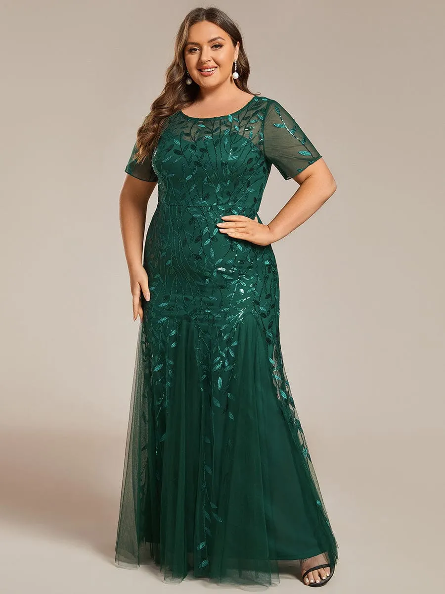 Floral Sequin Print Plus Size Mermaid Tulle Evening Dress