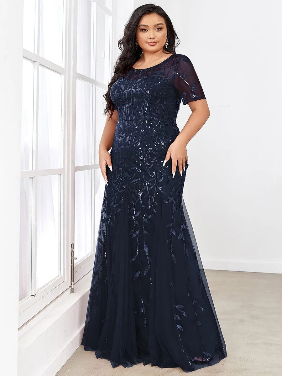 Floral Sequin Print Plus Size Mermaid Tulle Evening Dress