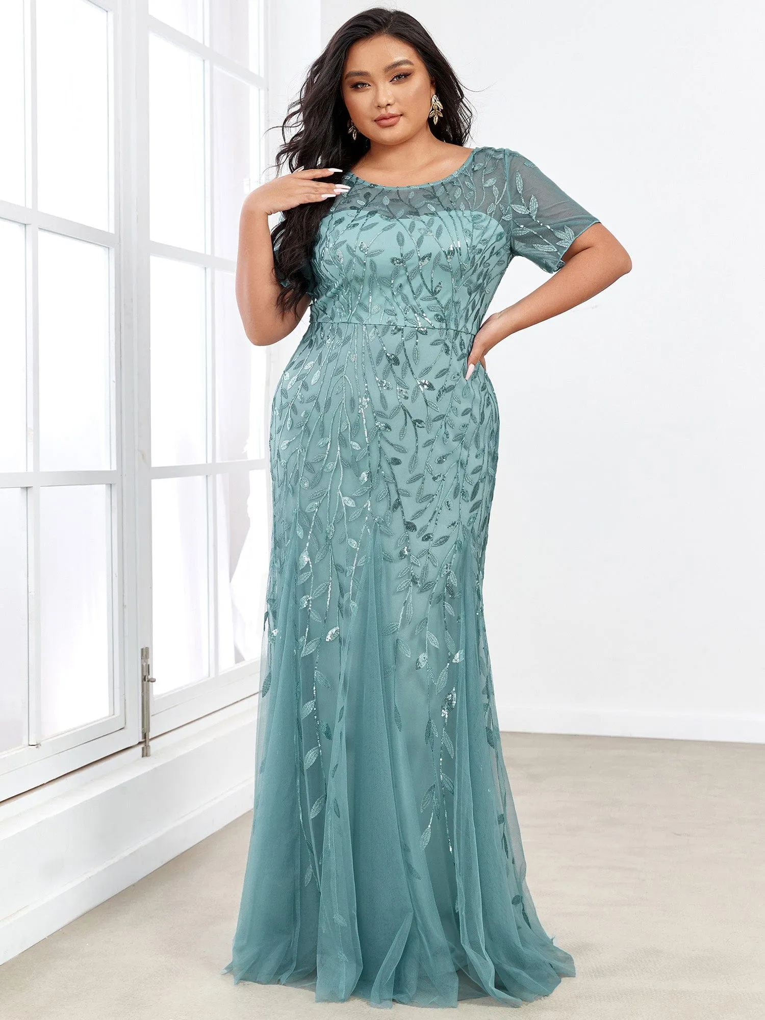 Floral Sequin Print Plus Size Mermaid Tulle Evening Dress