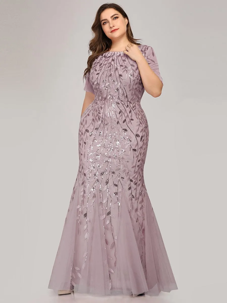 Floral Sequin Print Plus Size Mermaid Tulle Evening Dress