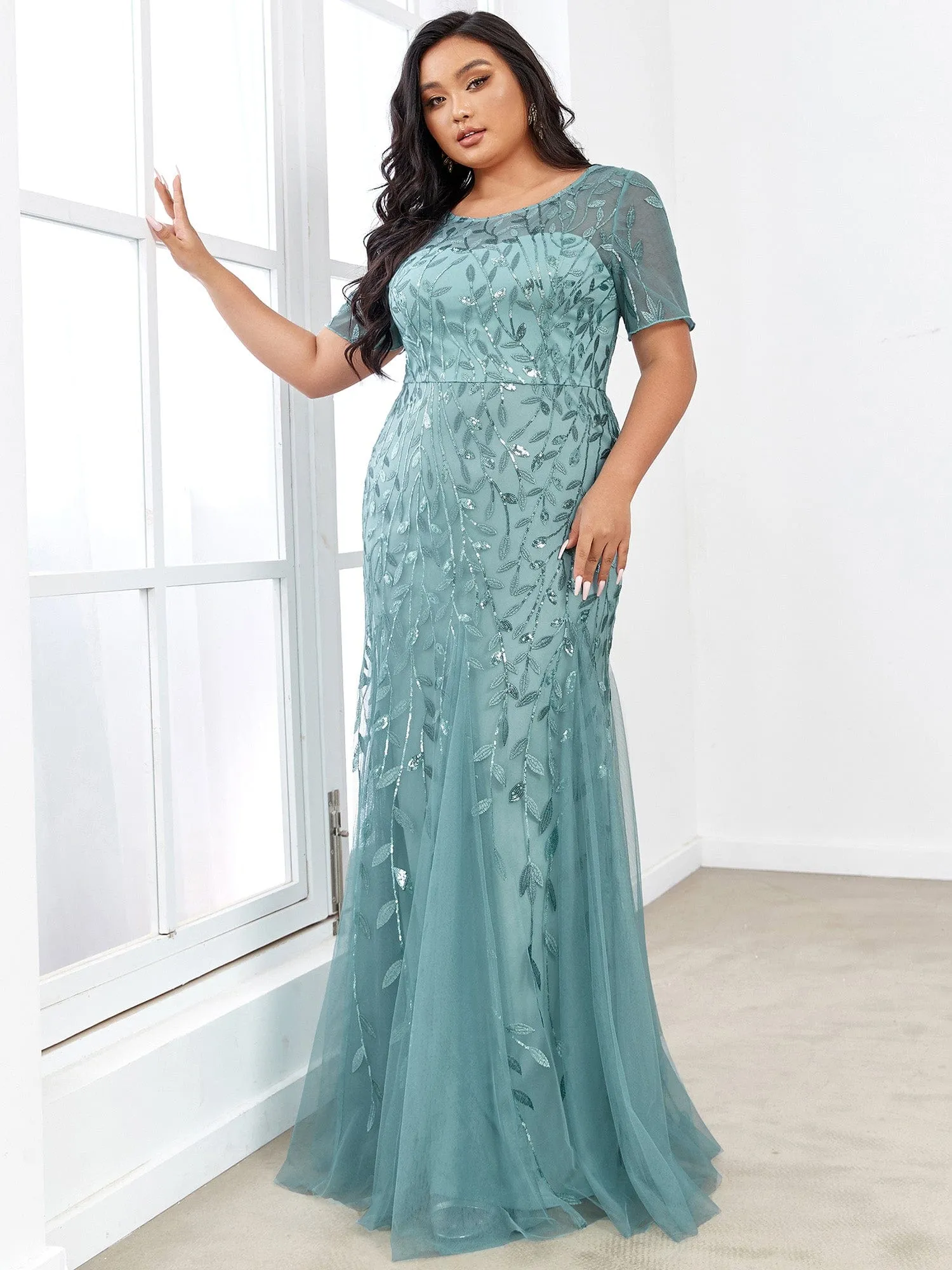 Floral Sequin Print Plus Size Mermaid Tulle Evening Dress