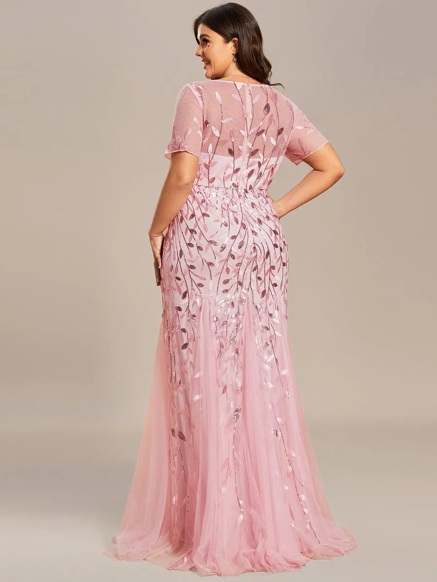 Floral Sequin Print Plus Size Mermaid Tulle Evening Dress