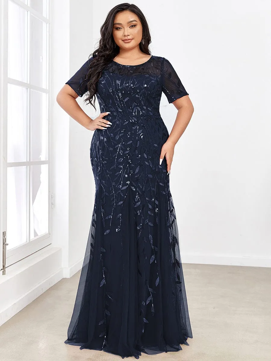 Floral Sequin Print Plus Size Mermaid Tulle Evening Dress